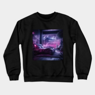 A luxuriously decorated bedroom with purple space in behind Crewneck Sweatshirt